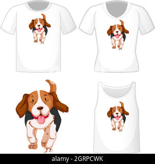 Logo carino beagle su diverse camicie bianche isolate su sfondo bianco Illustrazione Vettoriale