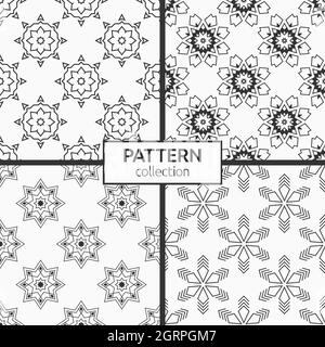 Set di quattro stelle senza giunture, motivi di fiocchi di neve. Forme geometriche ripetute. Sfondi vettoriali monocromatici. Illustrazione Vettoriale