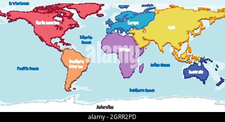 Mappa del mondo con i nomi dei continenti e degli oceani Illustrazione Vettoriale