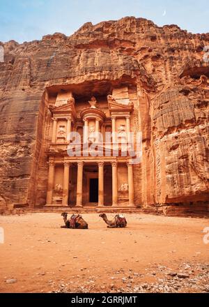 Due cammelli, selle pronte per i turisti, seduti di fronte al tempio del Tesoro di al-Khazneh - attrazione principale nella città perduta di Petra Foto Stock