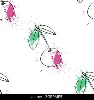Sfondo motivo senza cuciture con una ciliegia dolce in forma di contorno con un brillante e succosa spruzzi. Illustrazione Vettoriale