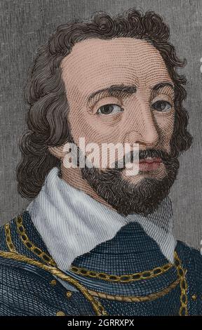 Alonso Pérez de Guzmán, chiamato Guzmán el Bueno (Guzman il bene) (1256-1309). Leonese militare e nobile, fondatore della casa di Medina Sidonia. Primo signore di Sanlúcar de Barrameda. Verticale. Incisione di Antonio Roca. Successiva colorazione. Las Glorias Nacionales. Volume III, edizione Madrid-Barcellona, 1853. Foto Stock