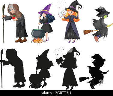 Wizard o streghe a colori e silhouette personaggio cartoon isolato su sfondo bianco Illustrazione Vettoriale