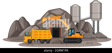 Settore minerario del carbone con diversi tipi di autocarri da costruzione Illustrazione Vettoriale