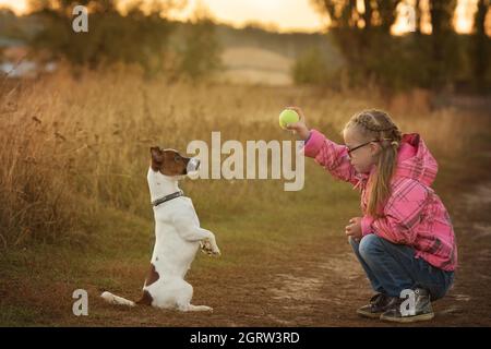 Bella ragazza con sindrome di Down con il suo animale domestico Jack Russell Terrier corre a correre Foto Stock