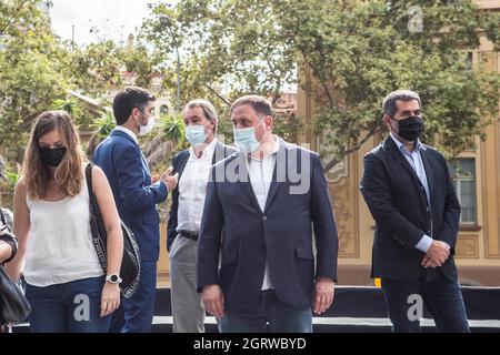 Barcellona, Spagna. 01 ottobre 2021. Il presidente del partito politico Esquerra Republicana, Oriol Junquera è visto durante la commemorazione.i rappresentanti di tutti i partiti e le entità d'indipendenza catalani hanno commemorato il quarto anniversario del referendum per l'indipendenza catalano del 2017, convocato dall'associazione catalana, Omnium Cultural. (Foto di Thiago Prudencio/SOPA Images/Sipa USA) Credit: Sipa USA/Alamy Live News Foto Stock