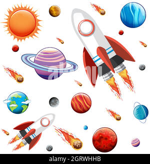 Spazio galassico colorato e pianeti set Illustrazione Vettoriale