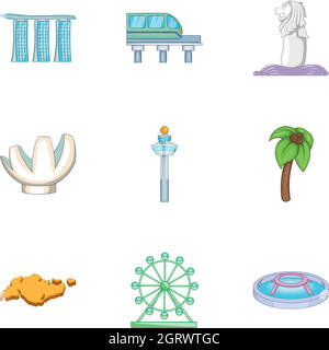 Singapore symbols icons set, cartoon style Stock Vector