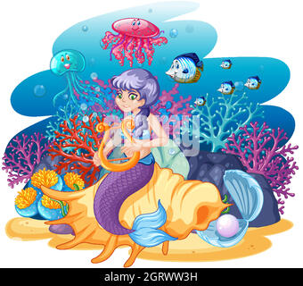 Sirena seduta su conchiglie e animale marino in stile cartone animato Illustrazione Vettoriale