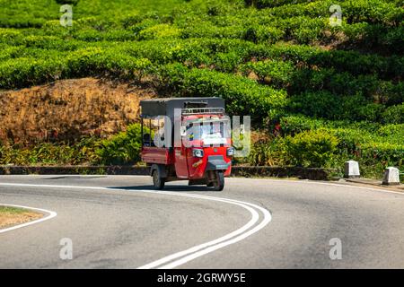 Vista sulla piantagione di tè in Ella Sri Lanka. Piccolo tuk rosso, trasporto locale, giro sulla strada. Foto Stock