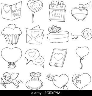 San Valentino set di icone, cartoon stile contorno Illustrazione Vettoriale