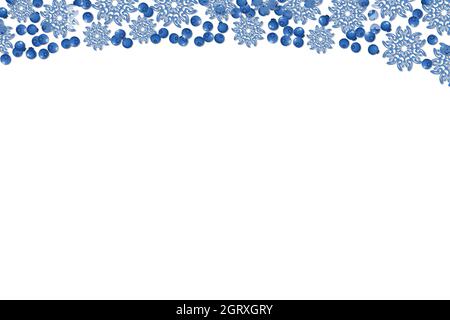 Banner natalizio con fiocchi di neve blu e mirtillo su sfondo bianco. Forma carta vuota. Illustrazione di un cartoon invernale. Spazio di copia. Vacanza Illustrazione Vettoriale