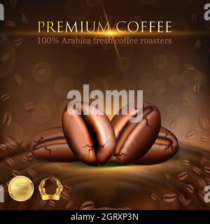 illustrazione vettoriale realistica 3d. Caffetteria. Banner. Modello di menu. Chicchi di caffè. Illustrazione Vettoriale