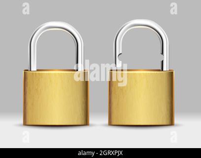 set vettoriale 3d realistico di lucchetto quadrato dorato aperto e chiuso. Illustrazione Vettoriale