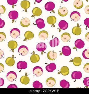 Motivo senza cuciture con mela su sfondo bianco. Frutta fresca e gustosa. Illustrazione vettoriale per stampa, tessuto, tessuto, striscioni, altro Illustrazione Vettoriale