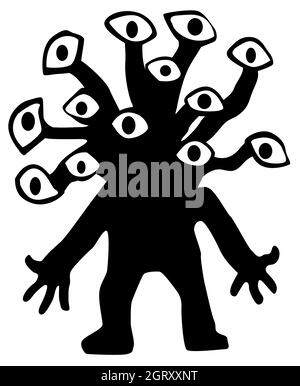 Molti occhi mostro figura silhouette stencil nero, illustrazione vettoriale, verticale, su bianco, isolato Illustrazione Vettoriale