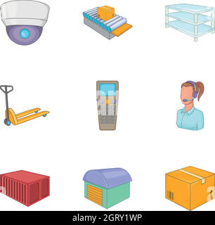 Set icone logistiche di spedizione, stile cartoon Illustrazione Vettoriale