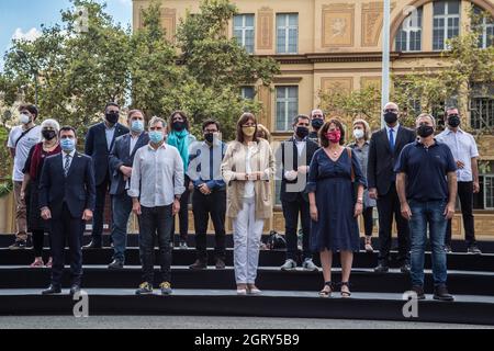 Barcellona, Catalogna, Spagna. 1 ottobre 2021. Il Presidente del Generalitat di Catalogna, Pere Aragones, il presidente del Parlamento di Catalogna, Laura Borras, il Presidente del partito politico Esquerra Republicana, Oriol Junqueras, il presidente dell'Assemblea Nazionale Catalana, Elisenda Paluzie il presidente di Omnium Cultural, l'ex presidente dell'Assemblea Nazionale Catalana, Jordi Sanchez, e il presidente di Omnium Cultural, Jordi Cuixart sono visti in commemorazione del quarto anniversario del referendum per l'indipendenza catalano del 2017.rappresentanti di tutto il catalano inde Cr Foto Stock