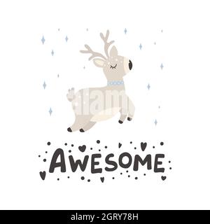 Carino cervo di natale. Stampa vettoriale in stile scandinavo. Illustrazione vettoriale disegnata a mano per poster, schede, magliette Illustrazione Vettoriale