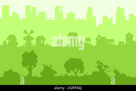 Natura villaggio città contorni sfondo verde cartoon colore illustrazione vettoriale, orizzontale Illustrazione Vettoriale