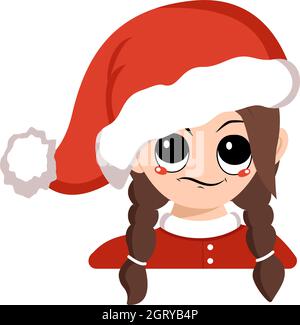 Ragazza con emozioni di occhi sospettosi e dispiaciuti in rosso Santa Hat. Carino ragazzo con espressione infastidita in costume di carnevale per Capodanno, Natale e h Illustrazione Vettoriale