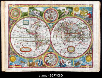 Vintage World Map - Mappa di due emisferi del mondo. “Una mappa del mondo nuova e precisa” 1662. Autore: Velocità, John. Foto Stock