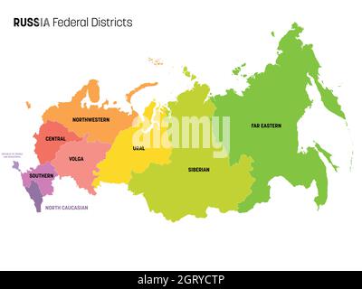 Mappa politica colorata della Russia, o Federazione russa. Diviso per colore in regioni. Semplice mappa vettoriale piatta con etichette. Illustrazione Vettoriale