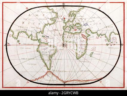 atlante Portolano del Mar Mediterraneo, Europa occidentale e costa nord-occidentale dell'Africa: Mappa del mondo disegnata su una proiezione ovale (ca. 1590) Mappa del mondo. Foto Stock