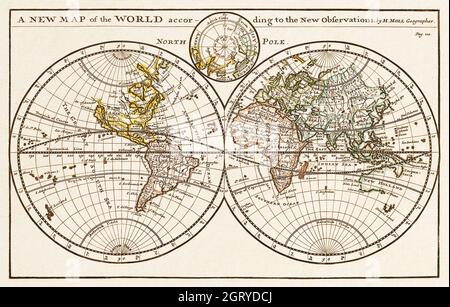 Una nuova mappa del mondo secondo le nuove osservazioni (1732) di Herman Moll. Mappa del mondo. Foto Stock