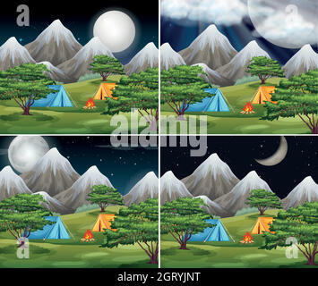Set di diverse scene di campeggio Illustrazione Vettoriale