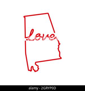 Alabama Stati Uniti stato rosso mappa con la parola d'AMORE manoscritta. Linea continua di segno di casa patriottica. Un amore per una piccola patria. Interno Foto Stock