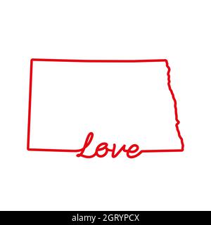 North Dakota Stati Uniti stato rosso mappa con la parola d'AMORE manoscritta. Linea continua di segno di casa patriottica. Un amore per una piccola patria. Int Foto Stock