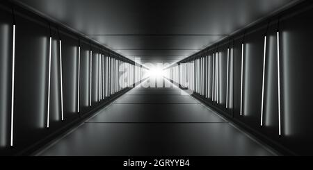 Luce brillante alla fine del lungo tunnel scuro con lampade a tubi sulle pareti. illustrazione 3d. Foto Stock