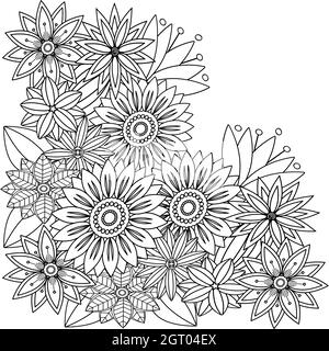 Disegno floreale in bianco e nero. Doodle motivo floreale. Pagina per libro da colorare. Disegno Zentangle. Illustrazione Vettoriale