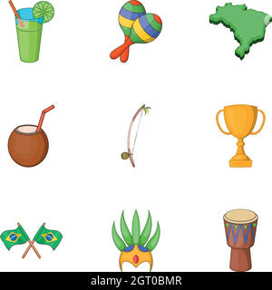 Simboli di Brasile icone set, stile cartoon Illustrazione Vettoriale