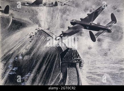 Disegno raffigurante i bombardieri di Lancaster che attaccano dighe tedesche durante l'operazione di castigazione, successivamente noti come i 'Dambusters' Foto Stock