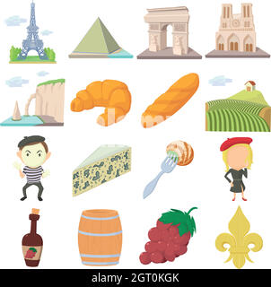 Viaggio Francia set di icone, stile cartoon Illustrazione Vettoriale