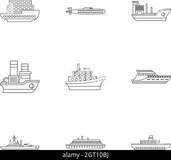 Il trasporto marittimo di set di icone di stile di contorno Illustrazione Vettoriale