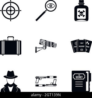 Icone detective impostate, stile semplice Illustrazione Vettoriale