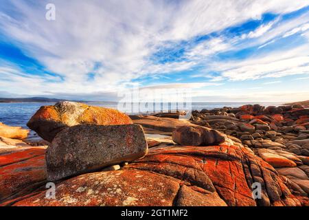 Red lichen rocce di masso in Binalong Bay of Fires sulla costa del Pacifico della Tasmania in Australia. Foto Stock