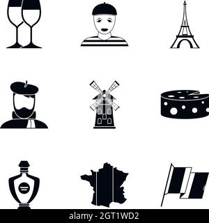 Rimani in Francia icone set, stile semplice Illustrazione Vettoriale