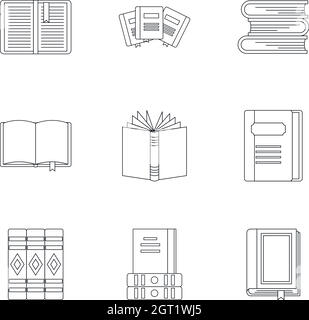 Icone libri impostate, stile contorno Illustrazione Vettoriale