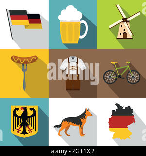 Turismo in Germania icone set, stile piatto Illustrazione Vettoriale