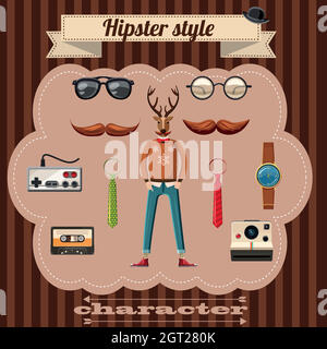 Concetto di attributi di stile hipster, stile cartoon Illustrazione Vettoriale