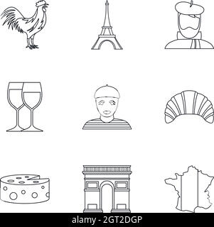 Rimani in Francia icone set, stile profilo Illustrazione Vettoriale
