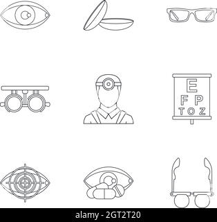 Icone oftalmologiche impostate, stile contorno Illustrazione Vettoriale