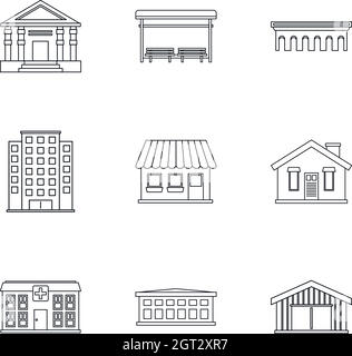 Costruzione di icone della città set, stile di contorno Illustrazione Vettoriale