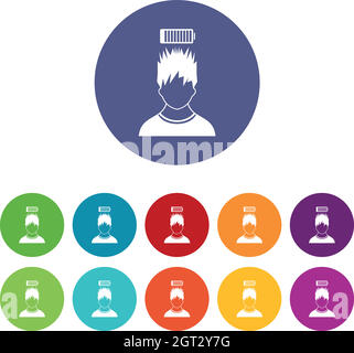 Uomo con batteria scarica sopra le icone del set testa Illustrazione Vettoriale