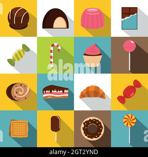 Set icone dolci e caramelle, stile piatto Illustrazione Vettoriale