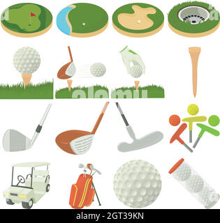 Articoli da golf set di icone, stile cartoon Illustrazione Vettoriale